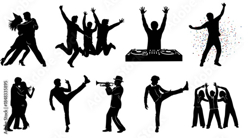 Silhouettes of people dancing and playing music