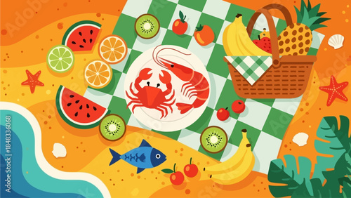 Summer Picnic Basket Filled with Fresh Fruits and Seafood on a Sandy Beach with Ocean Waves