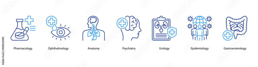 Obraz premium Medical Disciplines web banner illustration featuring Pharmacology, Ophthalmology, Anatomy, Psychiatry, Urology, Epidemiology, and Gastroenterology.