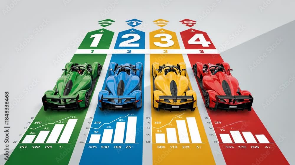 Street Racing Graphs Four colorful 3d rendered open-wheel formula race cars are lined up on ...
