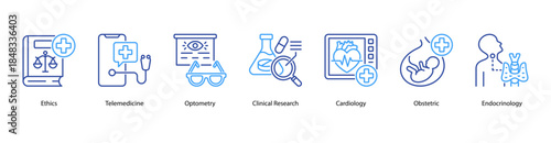 Modern Medical Practice web banner illustration featuring Ethics, Telemedicine, Optometry, Clinical Research, Cardiology, Obstetric, and Endocrinology.