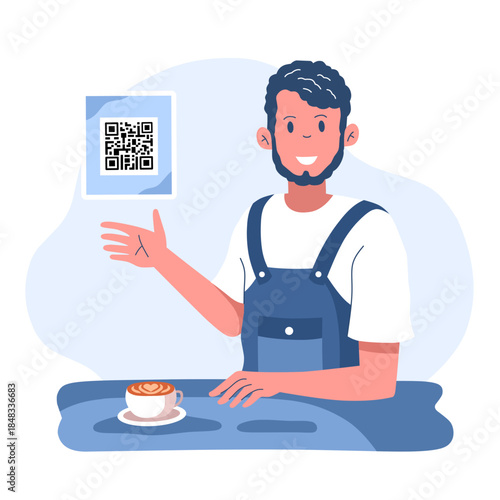 Barista Shows QR Code for Digital Payment in Coffee Shop.Flat illustration of modern payment method in coffee shop
