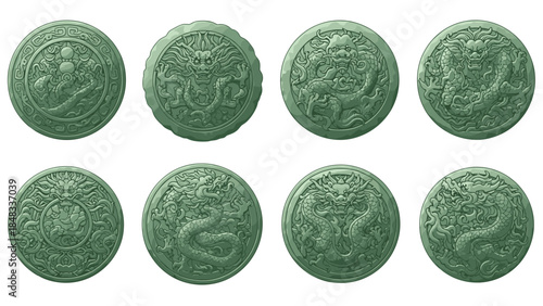 Eight ancient coins with intricate designs