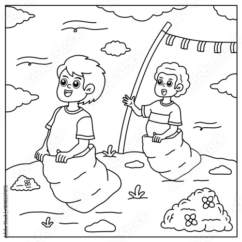 Children playing sack race outdoors. Illustration of a traditional cultural sack race sketch. For children's coloring book