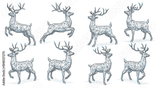 Set of eight grey reindeer illustrations