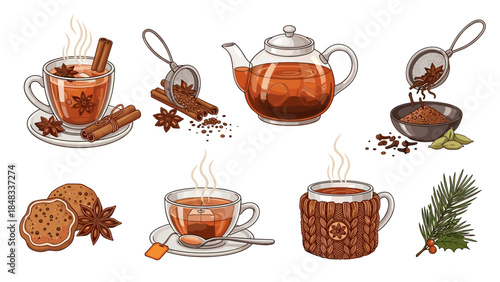 Cozy winter hot tea illustrations