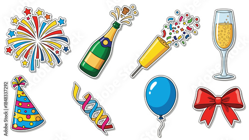 Colorful party elements including champagne and decorations