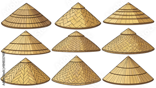 Collection of traditional asian conical straw hats