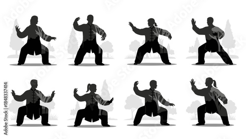 Silhouettes of man practicing martial arts
