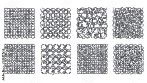 Eight square metal grids with different mesh patterns