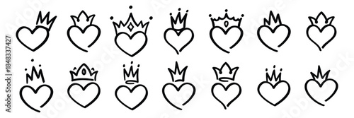 Hand drawn heart crown doodle icon set for love and royalty themes.
