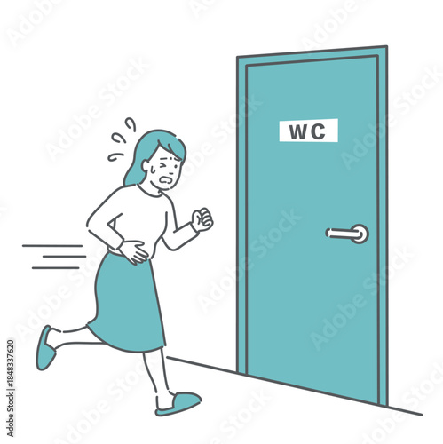 トイレに駆け込む女性のイラスト（腹痛・下痢・便意）