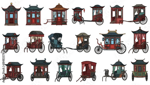 Collection of traditional chinese rickshaws and houses