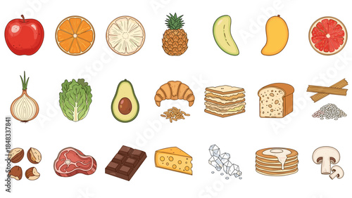 Assorted food items including fruits and breads