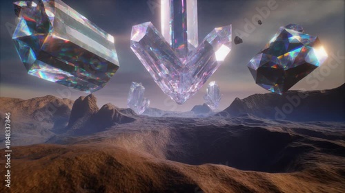  Alien landscape with floating crystal monoliths footage
