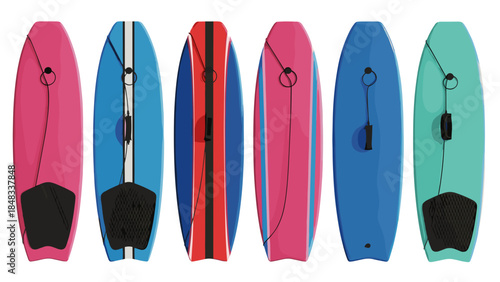 Six colorful bodyboards