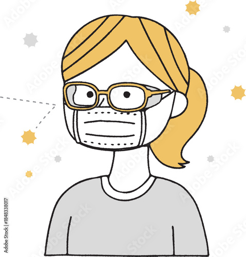 花粉保護メガネとマスクをした女の子単色