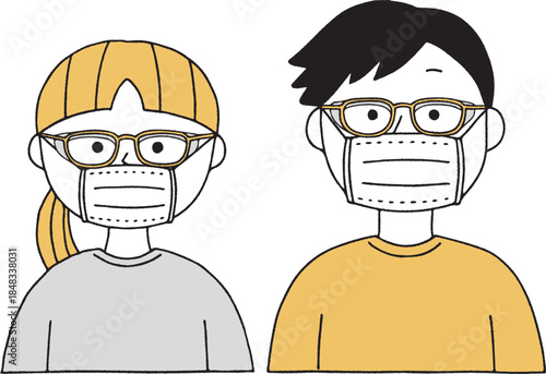 花粉保護のメガネとマスクをした男女単色