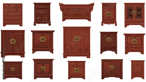 Collection of assorted brown wooden furniture pieces