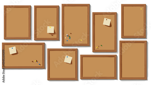 Collection of brown cork boards with sticky notes