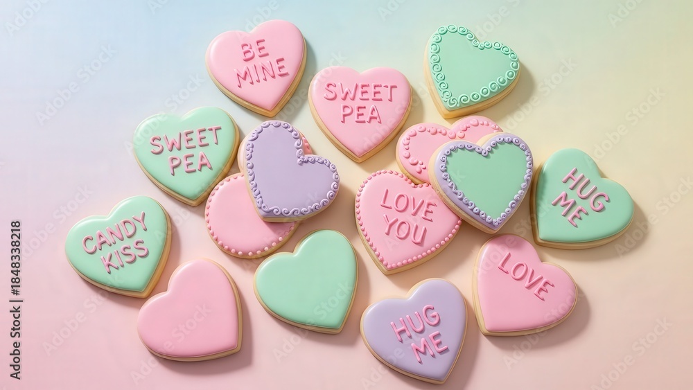 Obraz premium Colorful heart shaped cookies with sweet Valentine's Day messages