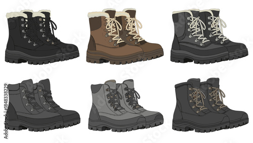 Six different colored hiking boots