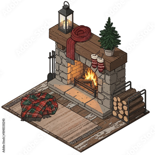 cozy fireplace with wood logs and holiday decorations for warm winter ambiance