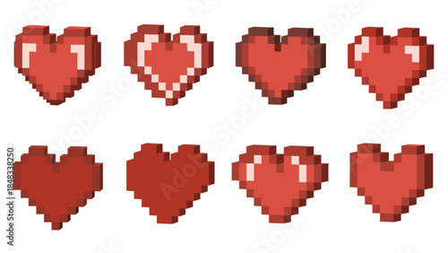 Set of pixel art red hearts