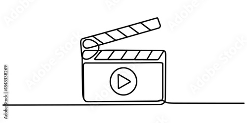 Minimalist single line drawing of a film clapperboard and play button icon Vector, illustration