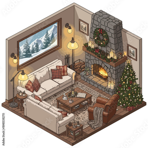 Cozy Christmas Living Room with Fireplace and Decorated Tree in Winter Scene