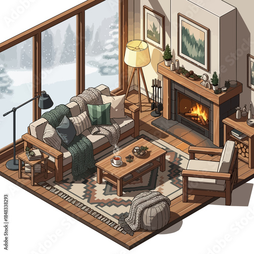 cozy living room interior with fireplace and large window overlooking snow scene