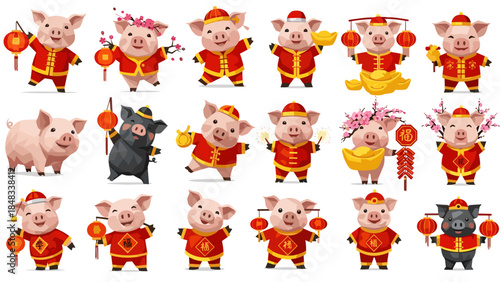 Collection of cartoon pigs in traditional chinese clothing