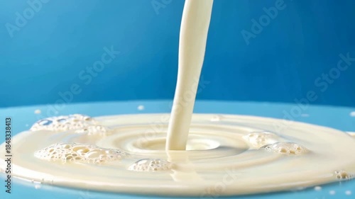 Pouring white liquid on a blue surface, creating ripples and splashes.