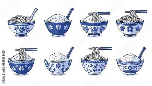 Collection of blue and bowls with spoons