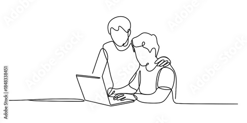 Continuous line art drawing showing two colleagues collaborating on a laptop project Vector, illustration