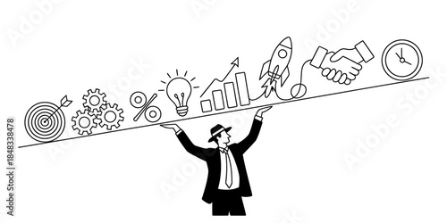A businessman balancing the elements of success and business growth Vector, illustration