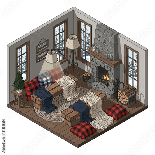 cozy rustic living room with fireplace decorated with plaid cushions and wooden furniture