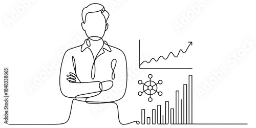 A continuous line drawing representing a businessman and business growth data analysis Vector, illustration