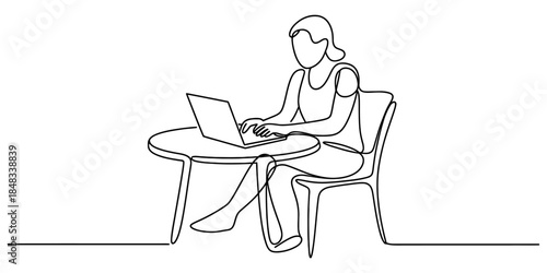 Continuous line drawing of a person sitting at a table and working on a laptop Vector, illustration