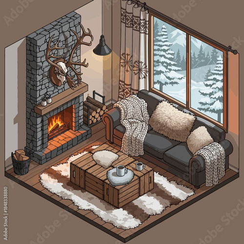 Cozy winter living room with stone fireplace, large window view of snow-covered trees and rustic