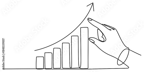 Continuous line drawing of a hand touching an upward-trending bar chart, symbolizing growth and progress Vector, illustration