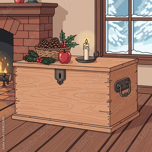 Cozy Christmas Scene with Wooden Chest, Fireplace, and Snowy Window View in a Rustic Home