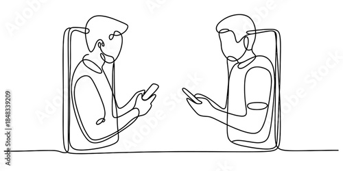 A continuous line art illustration of two people communicating digitally through smartphones Vector, illustration