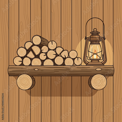 cozy wooden cabin interior with log firewood and vintage lantern for rustic ambiance