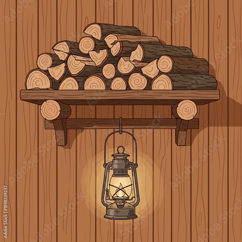 Cozy wood cabin interior with stacked firewood shelf and vintage lantern decor