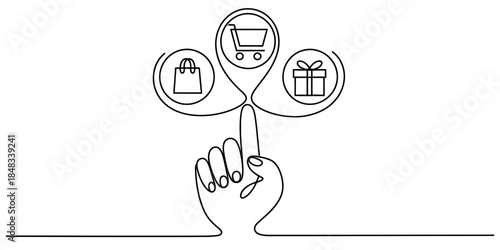 A continuous line drawing illustration of a hand pointing to online shopping options Vector, illustration