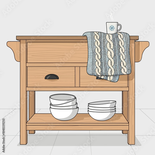 cozy wooden kitchen sideboard with dining ware and a hot beverage mug in a minimalistic kitchen