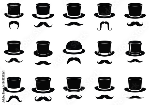 Gentleman top hat and mustache silhouettes vector icon set. set of black and white hats