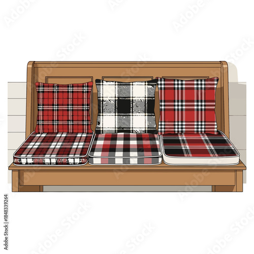 Cozy wooden sofa with plaid cushions and pillows in a comfortable living room setting