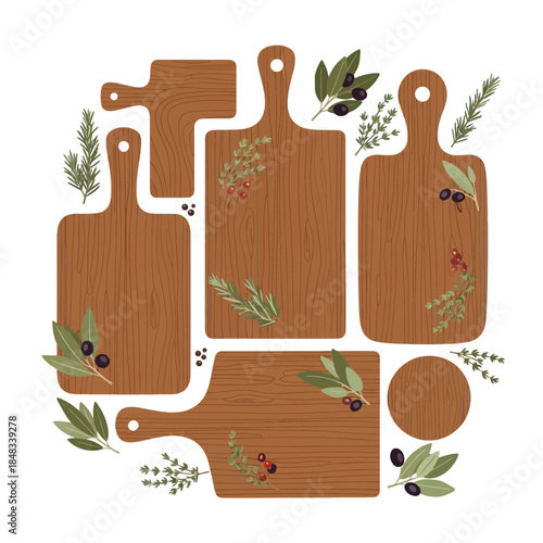Decorative Cutting Boards with Botanical Garnishes and Variety of Wooden Shapes for Kitchen or